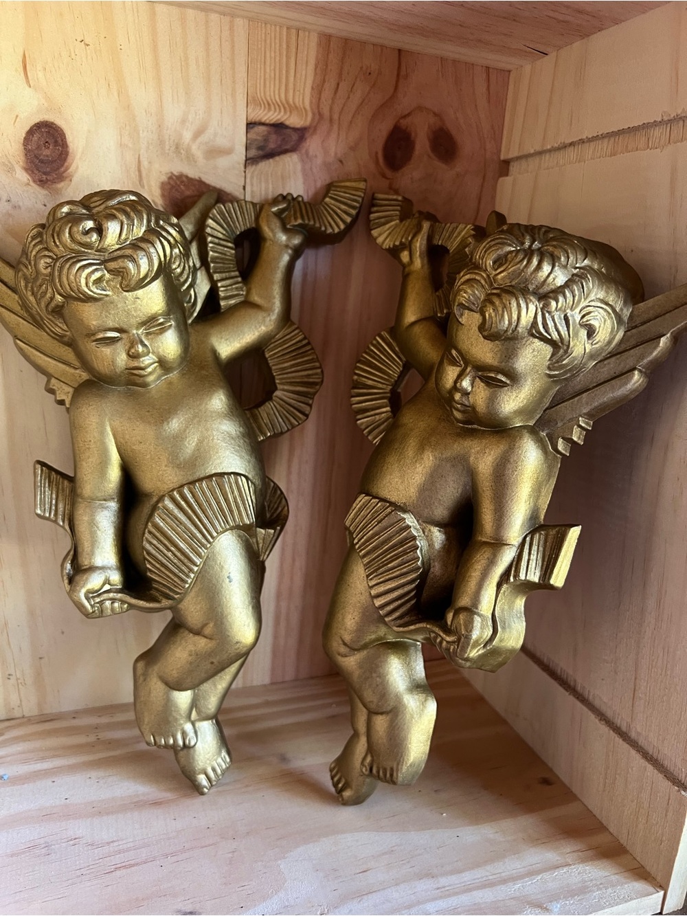 Gold Cherub Wall Plaques — Pair of Decorative Angel Sculptures